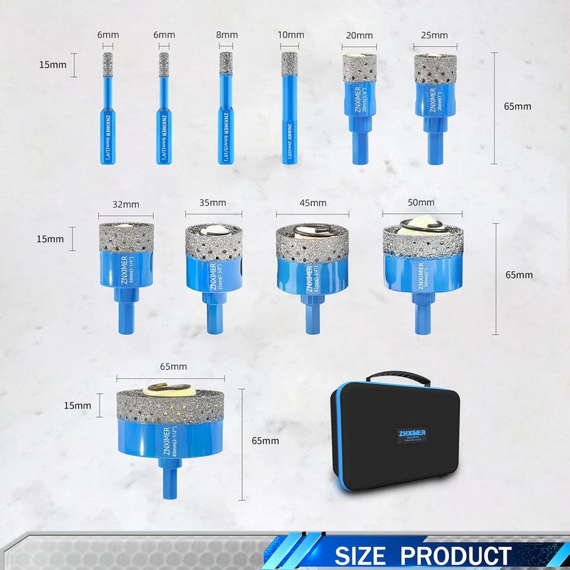 ZNXIMER Diamond Hole Saw kit - Porcelain Tile Hole Saw Kit for Ceramic, Granite, Marble and More Drilling - 11pcs Diamond Core Drill Bits Set(6/6/8/10/20/25/32/35/45/50/65MM) - Image 2